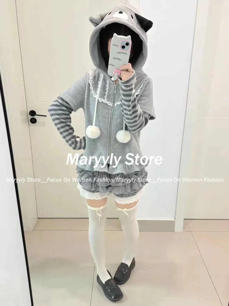 JazzHer Autumn Winter Japanese Style Hooded Sweatshirt Women Sweet Kawaii Patchwork Fake Two Piece Jacket Y2k Vintage Long Sleeve Coats