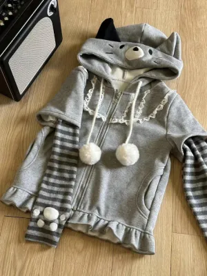 JazzHer Autumn Winter Japanese Style Hooded Sweatshirt Women Sweet Kawaii Patchwork Fake Two Piece Jacket Y2k Vintage Long Sleeve Coats