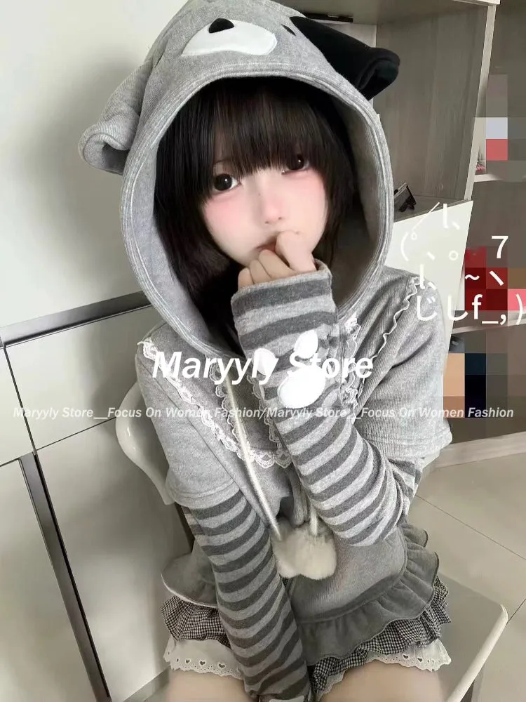 JazzHer Autumn Winter Japanese Style Hooded Sweatshirt Women Sweet Kawaii Patchwork Fake Two Piece Jacket Y2k Vintage Long Sleeve Coats