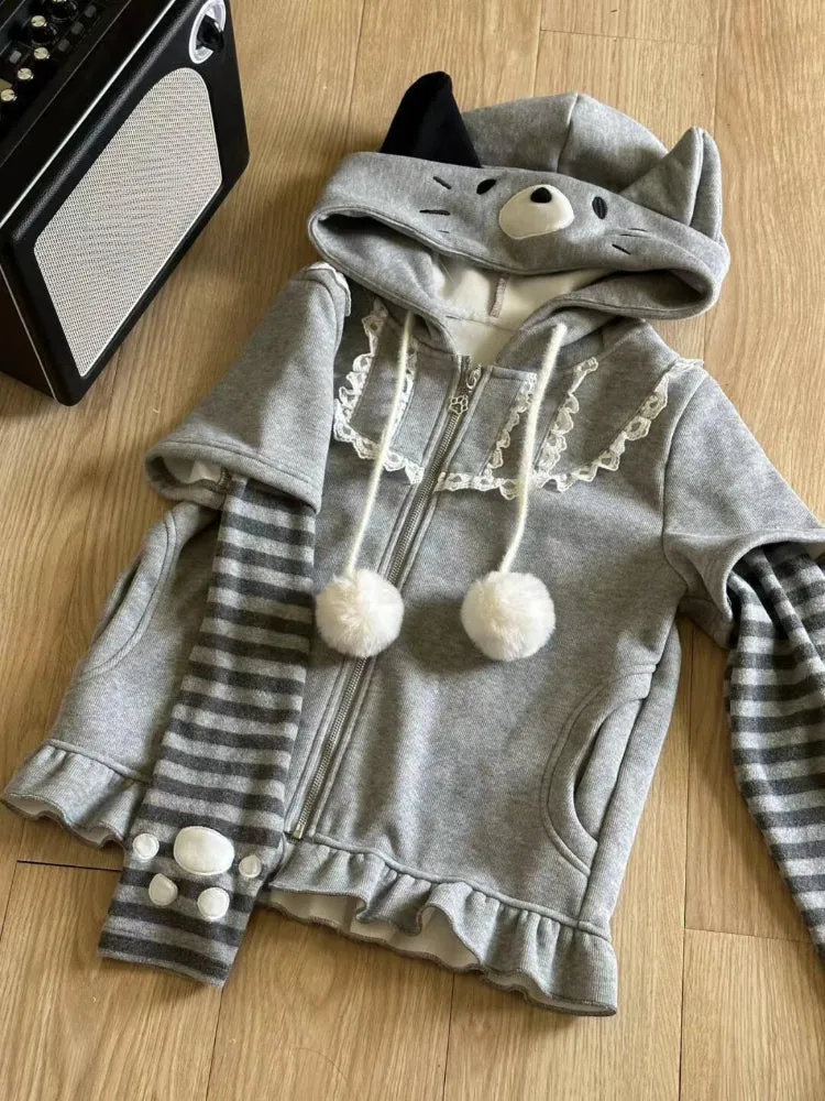 JazzHer Autumn Winter Japanese Style Hooded Sweatshirt Women Sweet Kawaii Patchwork Fake Two Piece Jacket Y2k Vintage Long Sleeve Coats