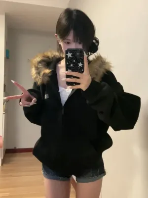 JazzHer Autumn Winter Women Black Zip Up Hoodies Vintage Korean Preppy Style Faux Fur Coat Oversized Casual Sweatshirt Harajuku Jacket