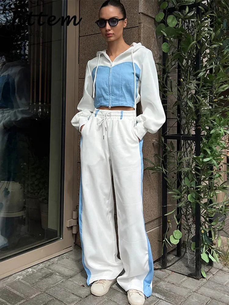 JazzHer Casual Contrast Hoodies Pants Sets Women Slim Zipper Short Hooded Coats Lace Up Wide Leg Pant 2024 Autumn Lady Fashion Tracksuit