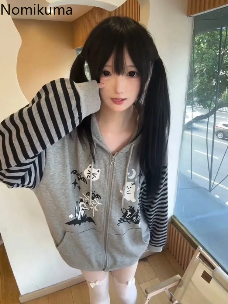JazzHer Cat Ear Hooded Sweatshirts Jackets Women Clothing Y2k Tops Patchwork Striped Anime Hoodie Ropa Mujer Casual Fashion Hoodies Coat