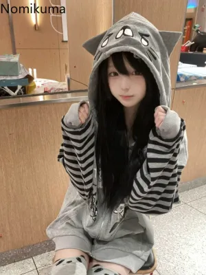 JazzHer Cat Ear Hooded Sweatshirts Jackets Women Clothing Y2k Tops Patchwork Striped Anime Hoodie Ropa Mujer Casual Fashion Hoodies Coat