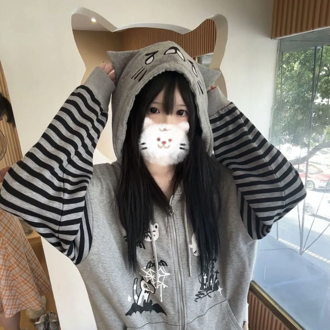 JazzHer Cat Ear Hooded Sweatshirts Jackets Women Clothing Y2k Tops Patchwork Striped Anime Hoodie Ropa Mujer Casual Fashion Hoodies Coat
