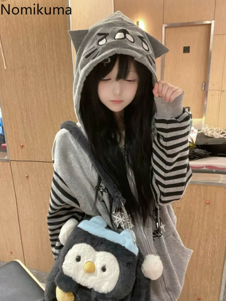 JazzHer Cat Ear Hooded Sweatshirts Jackets Women Clothing Y2k Tops Patchwork Striped Anime Hoodie Ropa Mujer Casual Fashion Hoodies Coat