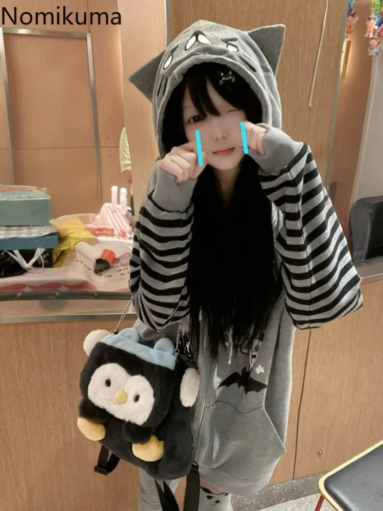 JazzHer Cat Ear Hooded Sweatshirts Jackets Women Clothing Y2k Tops Patchwork Striped Anime Hoodie Ropa Mujer Casual Fashion Hoodies Coat