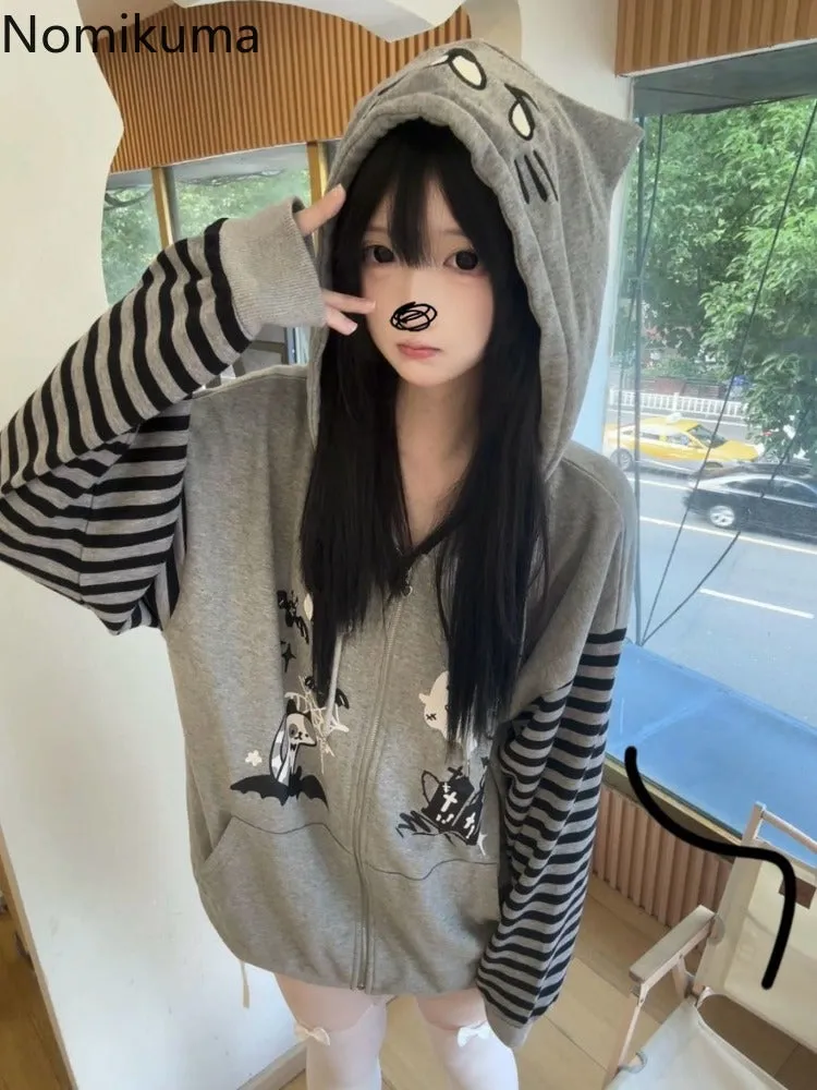 JazzHer Cat Ear Hooded Sweatshirts Jackets Women Clothing Y2k Tops Patchwork Striped Anime Hoodie Ropa Mujer Casual Fashion Hoodies Coat