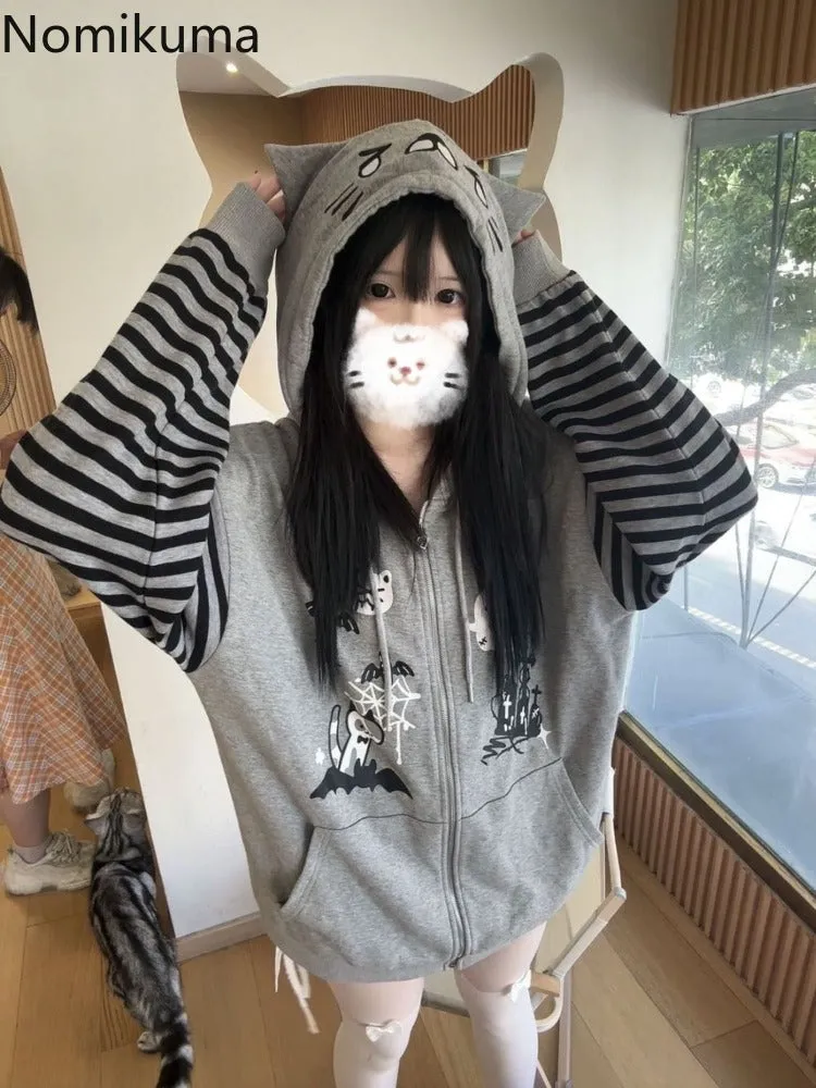 JazzHer Cat Ear Hooded Sweatshirts Jackets Women Clothing Y2k Tops Patchwork Striped Anime Hoodie Ropa Mujer Casual Fashion Hoodies Coat