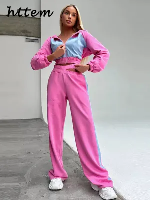 JazzHer Contrast Hoodies Pants Sets Women Hooded Long Sleeve Zipper Short Coats Hollow Out Wide Leg Trousers 2024 Autumn Lady Tracksuit