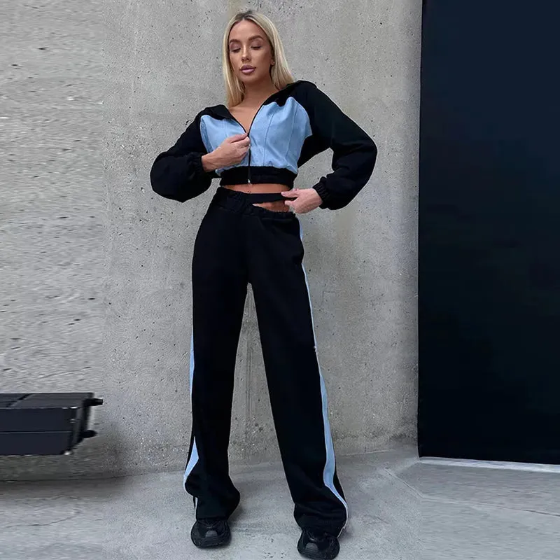 JazzHer Contrast Hoodies Pants Sets Women Hooded Long Sleeve Zipper Short Coats Hollow Out Wide Leg Trousers 2024 Autumn Lady Tracksuit
