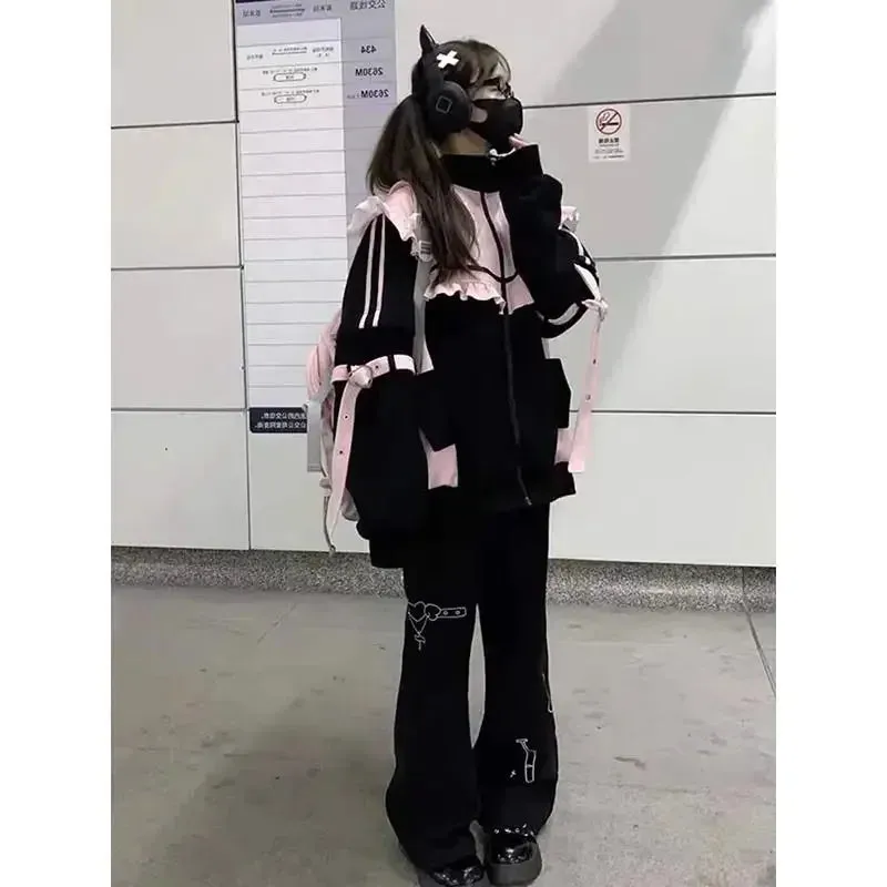 JazzHer Japanese Sweet Coats Y2K Clothing Hoodie Women Tops Autumn and Winter Color Match Splicing with Thick Velvet Cardigan Jackets
