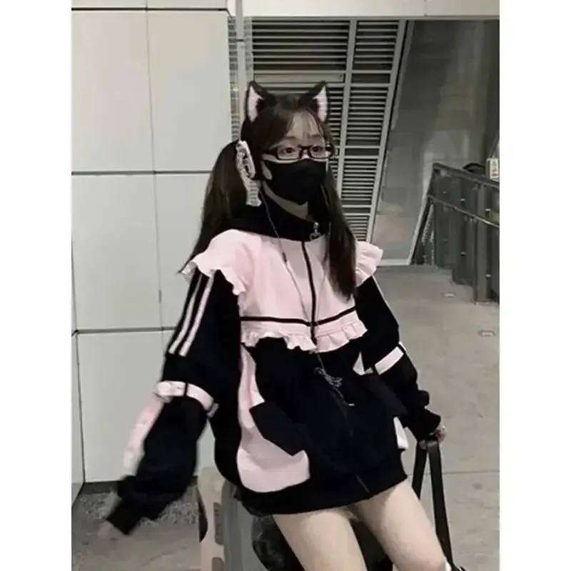 JazzHer Japanese Sweet Coats Y2K Clothing Hoodie Women Tops Autumn and Winter Color Match Splicing with Thick Velvet Cardigan Jackets
