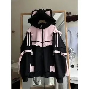JazzHer Japanese Sweet Coats Y2K Clothing Hoodie Women Tops Autumn and Winter Color Match Splicing with Thick Velvet Cardigan Jackets