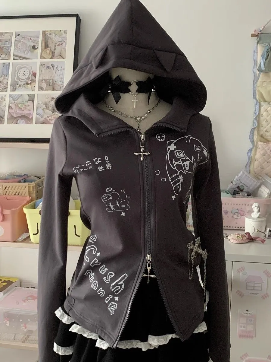 JazzHer Kawaii Hoodie Winte Clothes Vintage 2000s Hoodies Zip Up Hoody Cute Korea Slim Streetwear Sweet Girl Sweatshirts Cat Y2k Tops