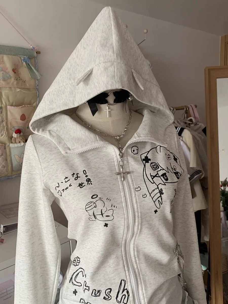JazzHer Kawaii Hoodie Winte Clothes Vintage 2000s Hoodies Zip Up Hoody Cute Korea Slim Streetwear Sweet Girl Sweatshirts Cat Y2k Tops