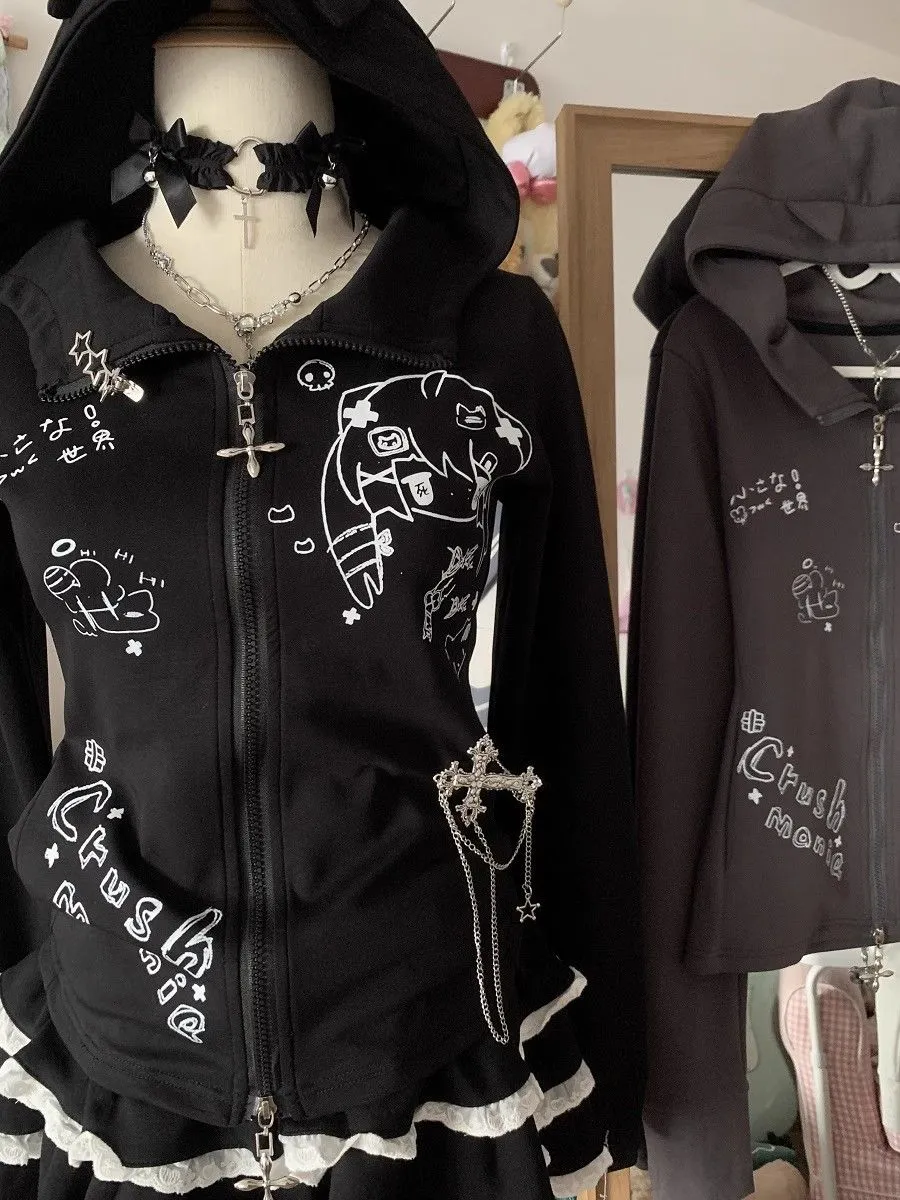 JazzHer Kawaii Hoodie Winte Clothes Vintage 2000s Hoodies Zip Up Hoody Cute Korea Slim Streetwear Sweet Girl Sweatshirts Cat Y2k Tops