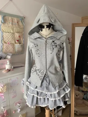 JazzHer Kawaii Hoodie Winte Clothes Vintage 2000s Hoodies Zip Up Hoody Cute Korea Slim Streetwear Sweet Girl Sweatshirts Cat Y2k Tops