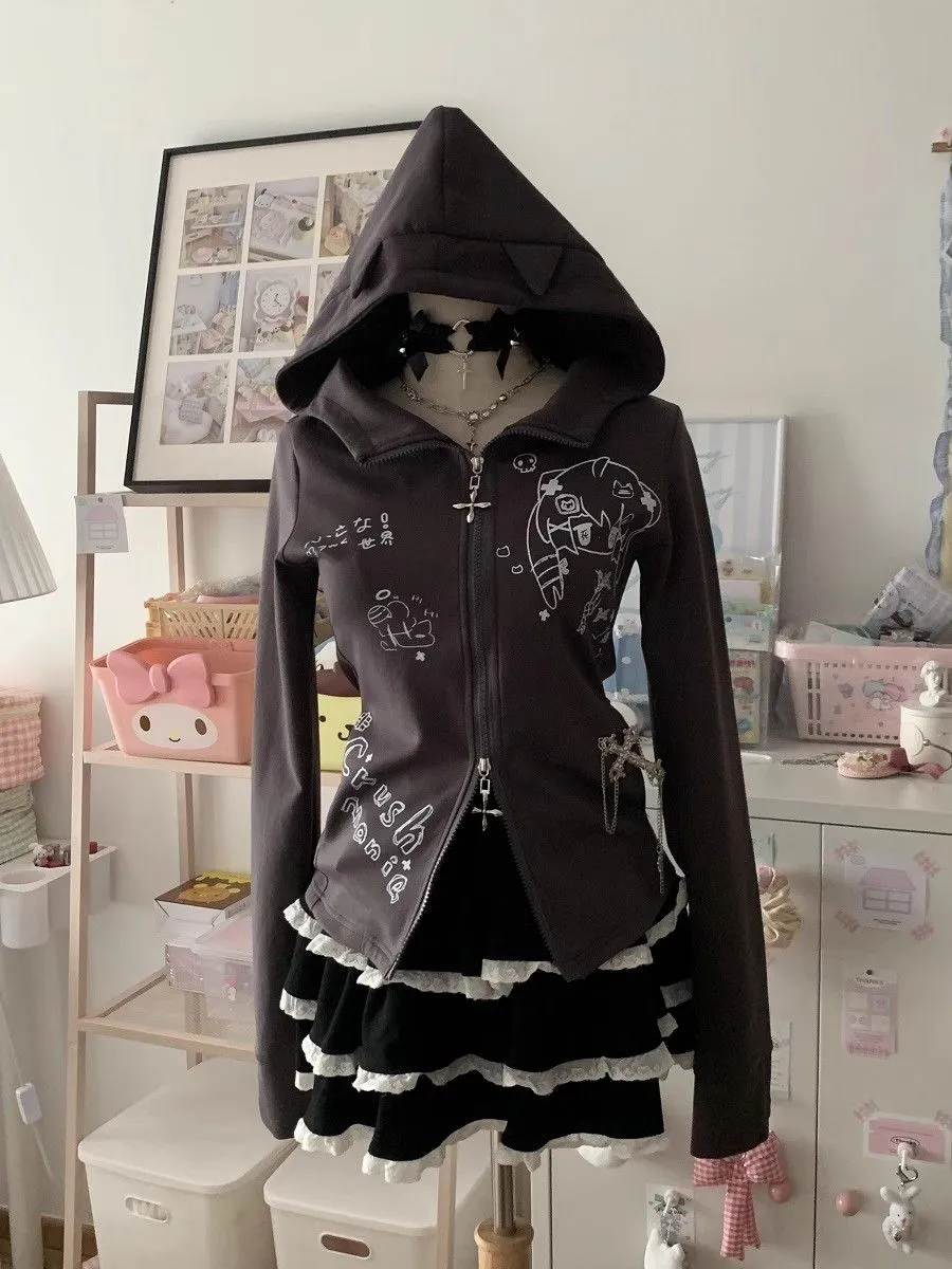 JazzHer Kawaii Hoodie Winte Clothes Vintage 2000s Hoodies Zip Up Hoody Cute Korea Slim Streetwear Sweet Girl Sweatshirts Cat Y2k Tops