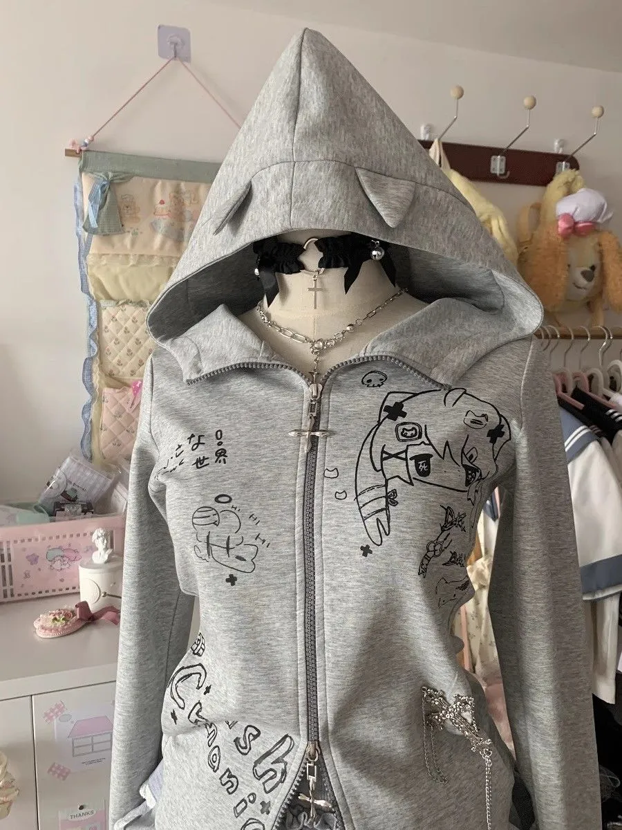 JazzHer Kawaii Hoodie Winte Clothes Vintage 2000s Hoodies Zip Up Hoody Cute Korea Slim Streetwear Sweet Girl Sweatshirts Cat Y2k Tops