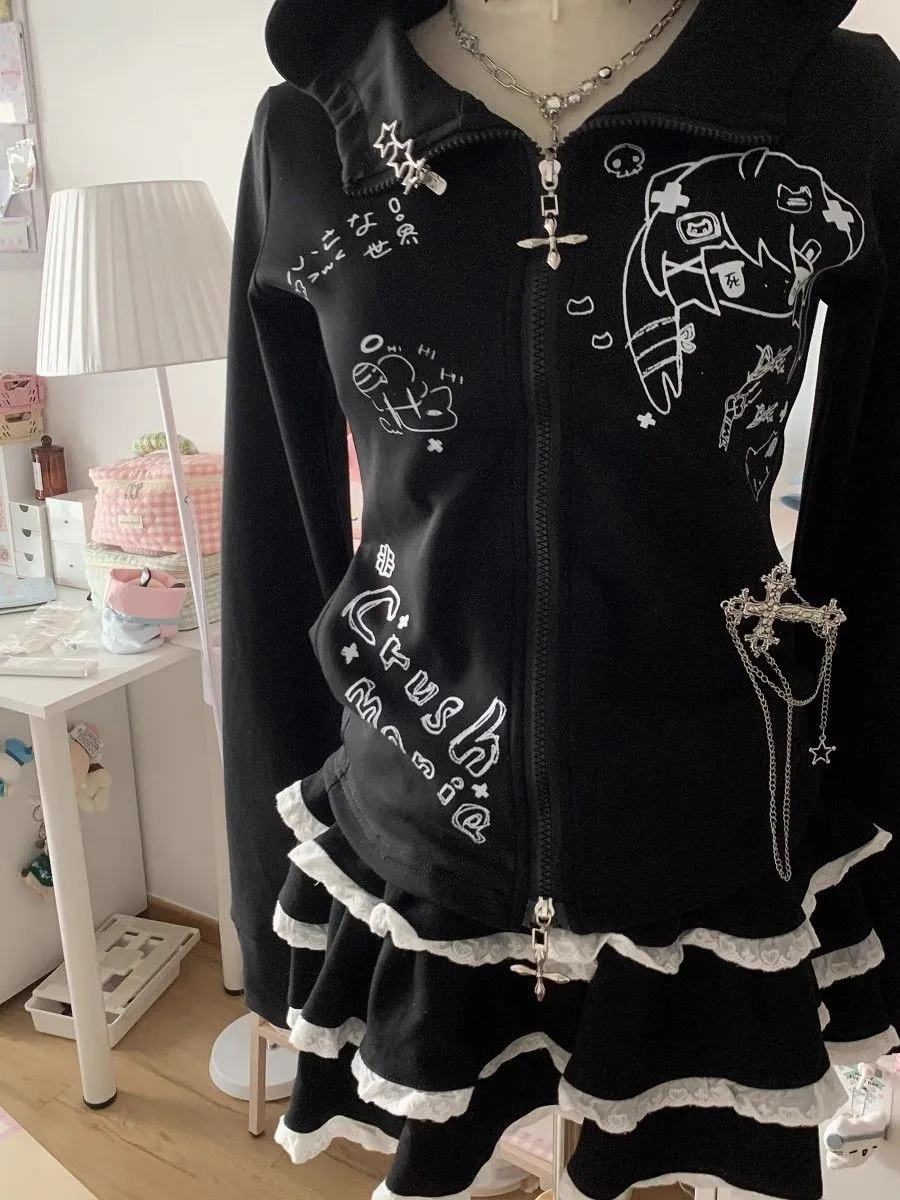 JazzHer Kawaii Hoodie Winte Clothes Vintage 2000s Hoodies Zip Up Hoody Cute Korea Slim Streetwear Sweet Girl Sweatshirts Cat Y2k Tops