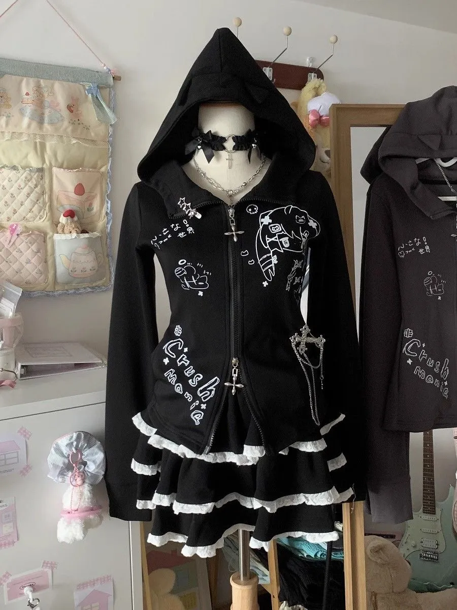JazzHer Kawaii Hoodie Winte Clothes Vintage 2000s Hoodies Zip Up Hoody Cute Korea Slim Streetwear Sweet Girl Sweatshirts Cat Y2k Tops