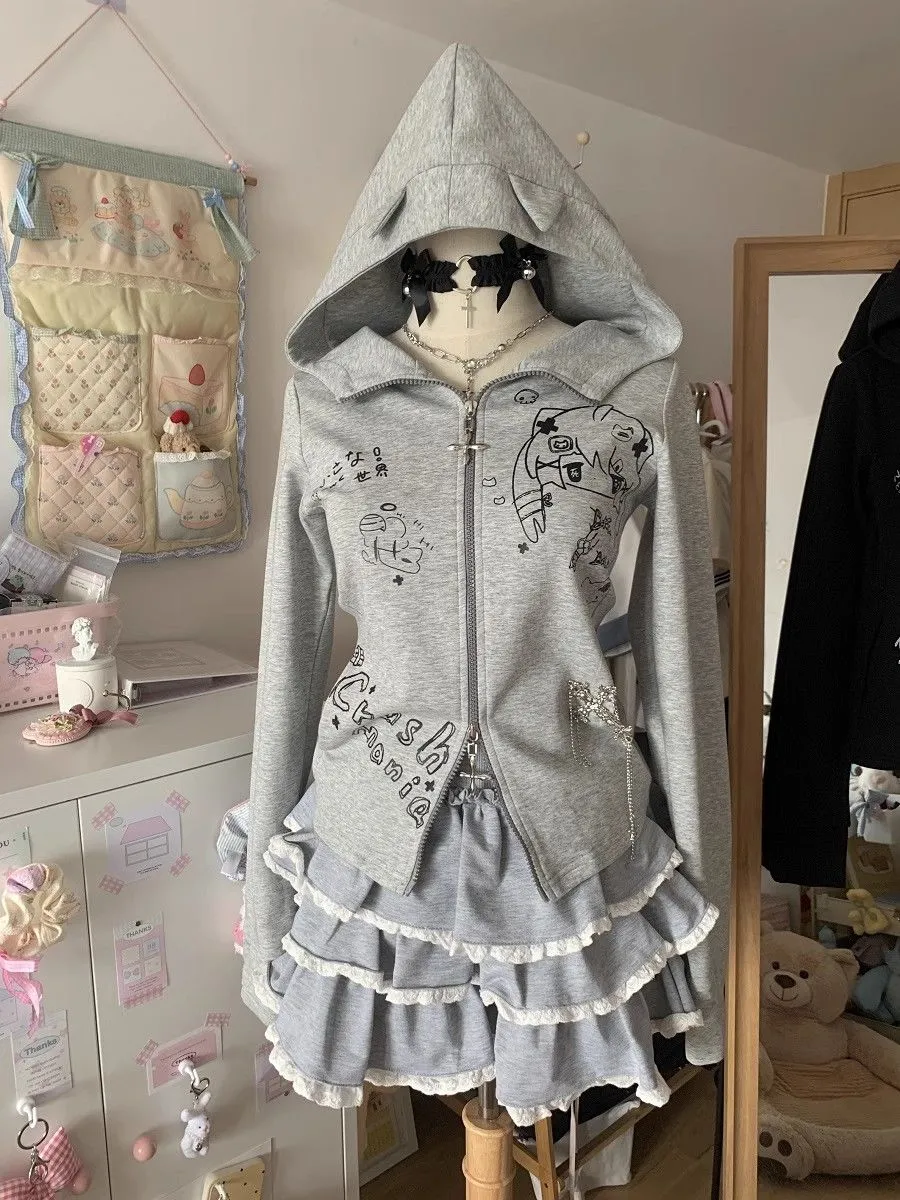 JazzHer Kawaii Hoodie Winte Clothes Vintage 2000s Hoodies Zip Up Hoody Cute Korea Slim Streetwear Sweet Girl Sweatshirts Cat Y2k Tops