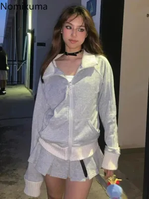JazzHer Patchwork Knit Stand Neck Hoodie Women's Clothing Casual Fashion Zipper Outwear Y2k Tops Solid Color Vintage Sweatshirts Jackets