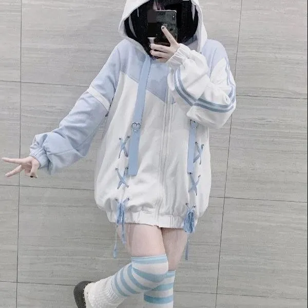 JazzHer Streetwear Sweatshirts for Women Hooded Contrast Color Bandage Y2k Tops 2025 Ropa Mujer Fashion Casual Japanese Cute Hoodies