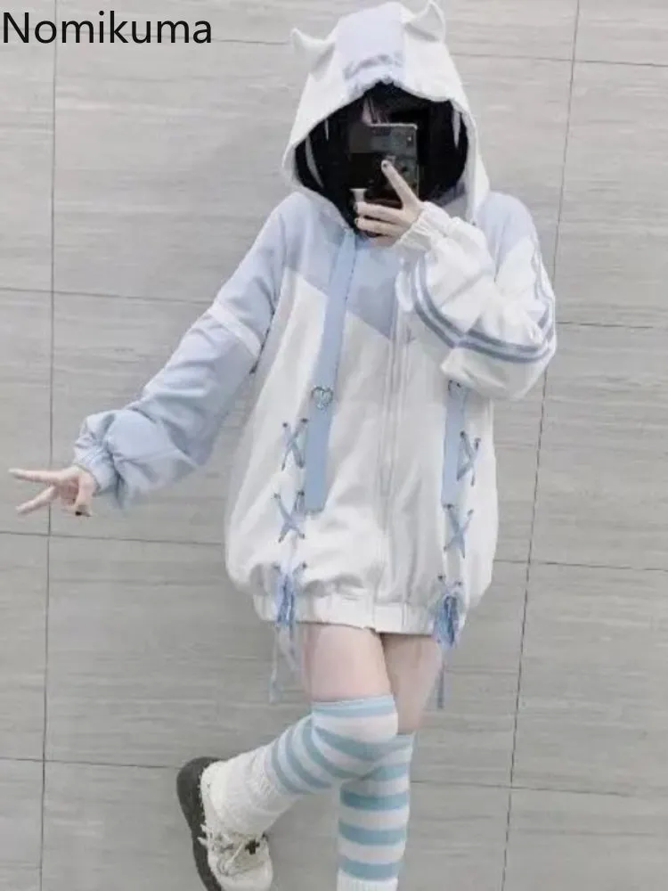 JazzHer Streetwear Sweatshirts for Women Hooded Contrast Color Bandage Y2k Tops 2025 Ropa Mujer Fashion Casual Japanese Cute Hoodies