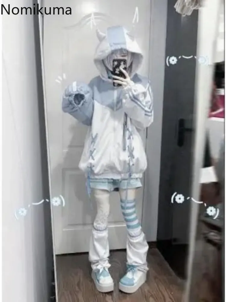 JazzHer Streetwear Sweatshirts for Women Hooded Contrast Color Bandage Y2k Tops 2025 Ropa Mujer Fashion Casual Japanese Cute Hoodies