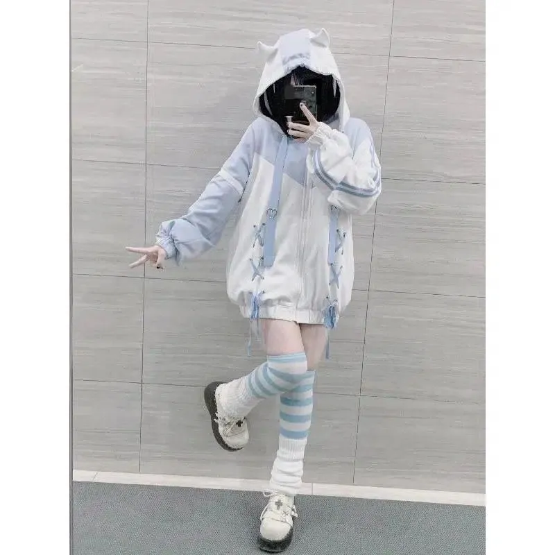 JazzHer Streetwear Sweatshirts for Women Hooded Contrast Color Bandage Y2k Tops 2025 Ropa Mujer Fashion Casual Japanese Cute Hoodies