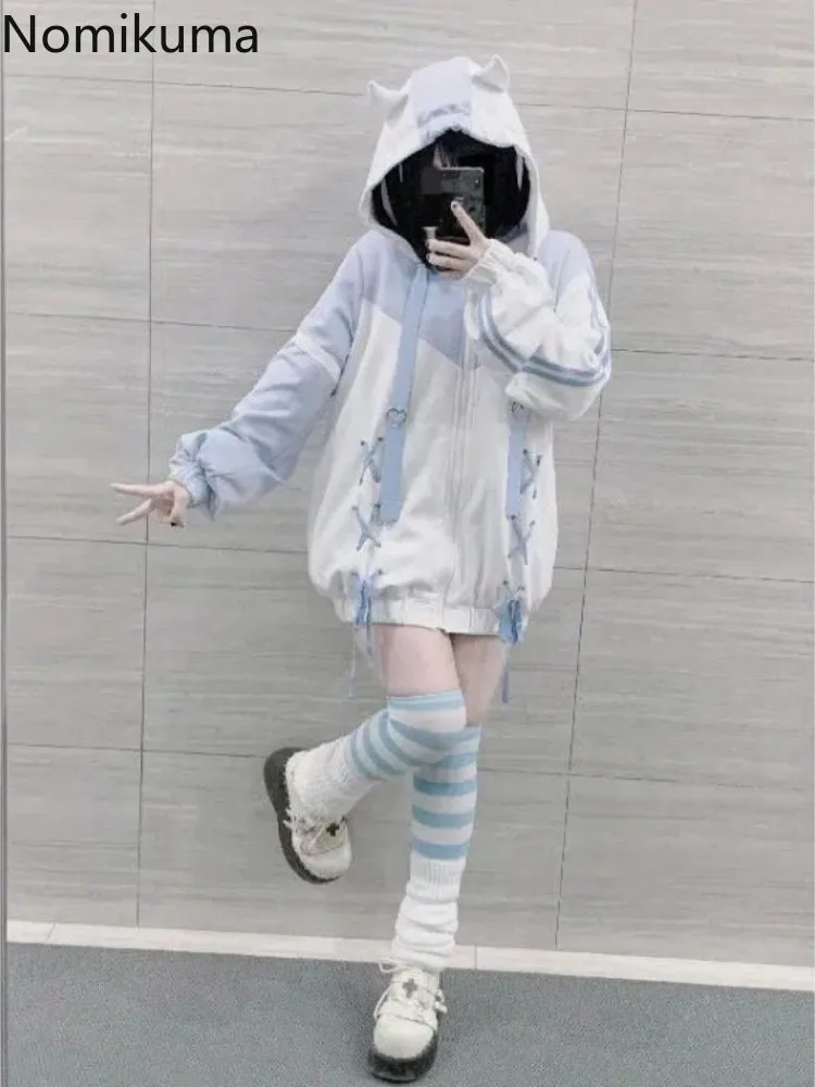 JazzHer Streetwear Sweatshirts for Women Hooded Contrast Color Bandage Y2k Tops 2025 Ropa Mujer Fashion Casual Japanese Cute Hoodies