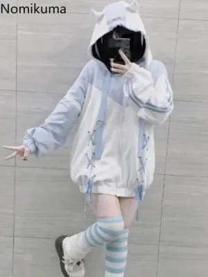 JazzHer Streetwear Sweatshirts for Women Hooded Contrast Color Bandage Y2k Tops 2025 Ropa Mujer Fashion Casual Japanese Cute Hoodies