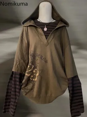 JazzHer Vintage Hoodie Women Clothing Fake Two Oversized Tops Streetwear Hooded Sweatshirts Print Contrast Color Fashion Striped Hoodies