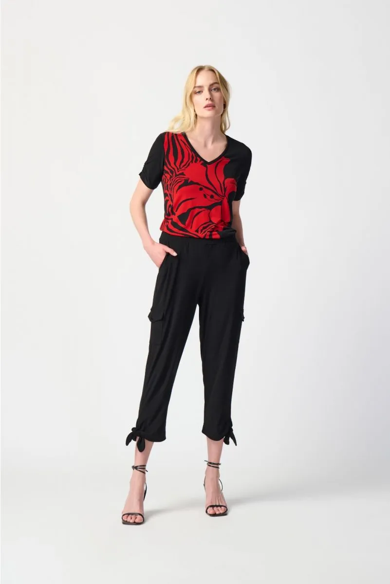 Joseph Ribkoff Black Pull On Tie Hem Cropped Cargo Pants 241111