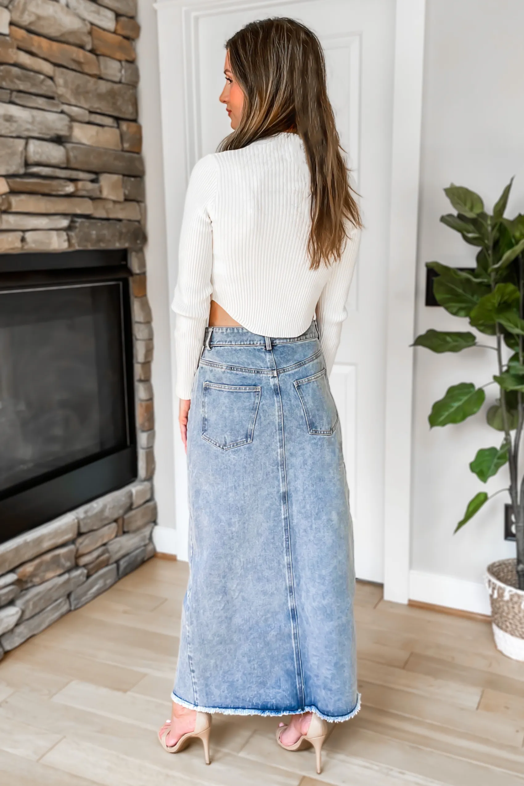 Just Right Front Slit Denim Midi Skirt - SALE