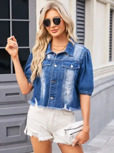 Kate Distressed Raw Hem Button Up Denim Jacket