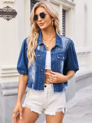 Kate Distressed Raw Hem Button Up Denim Jacket