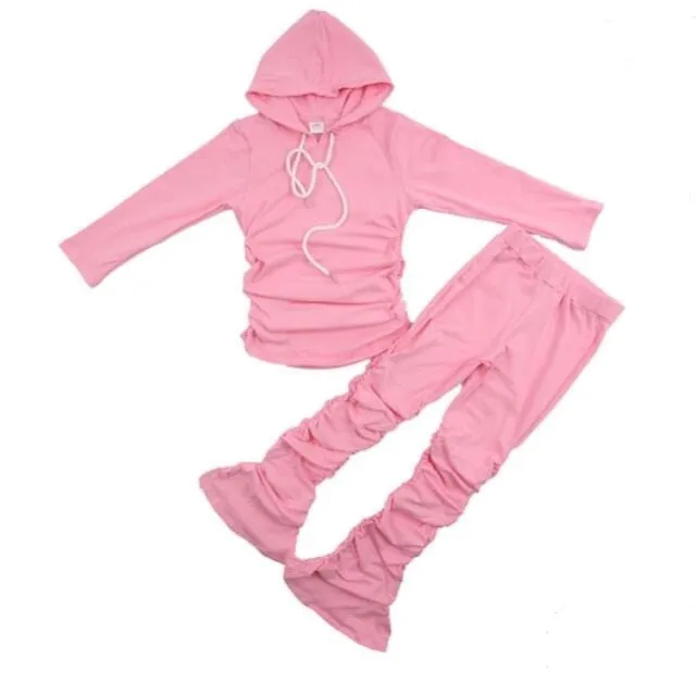 kids Casual Two Piece Outfits Long Sleeve Shirt Stacked Skinny Pants Set
