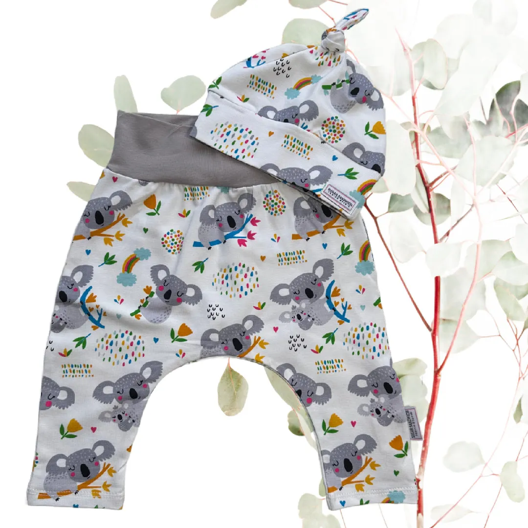 Koala Bears Cuffless Harem Pants with Matching Top Knot Hat