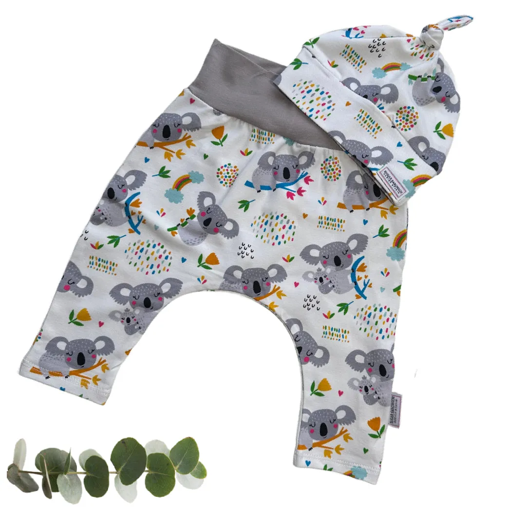 Koala Bears Cuffless Harem Pants with Matching Top Knot Hat