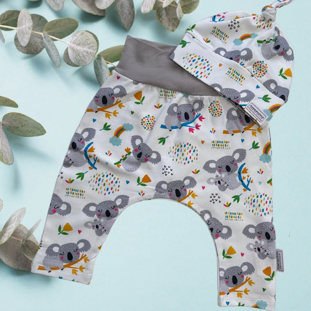 Koala Bears Cuffless Harem Pants with Matching Top Knot Hat