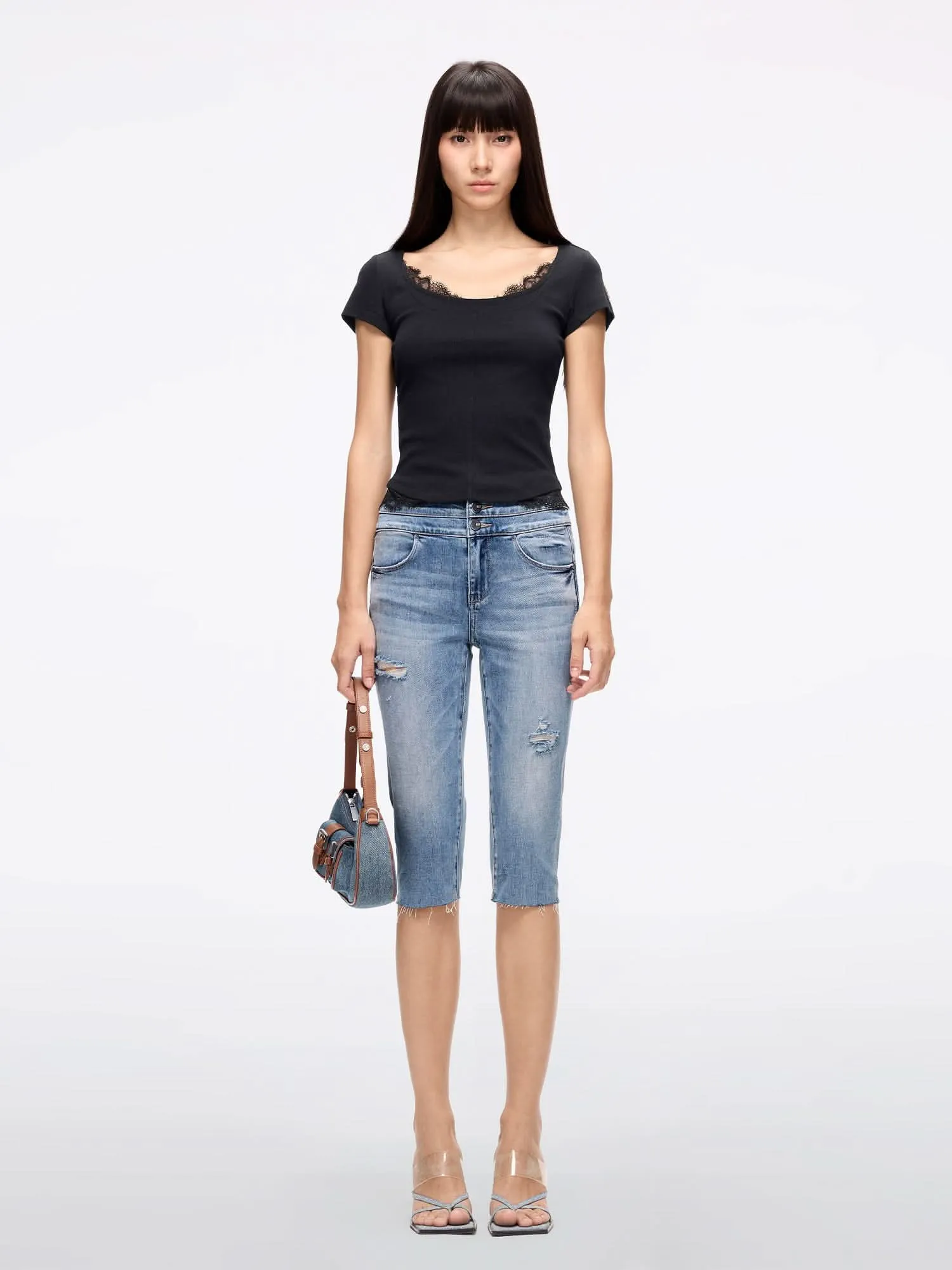 Lace Panel Cropped T-Shirt