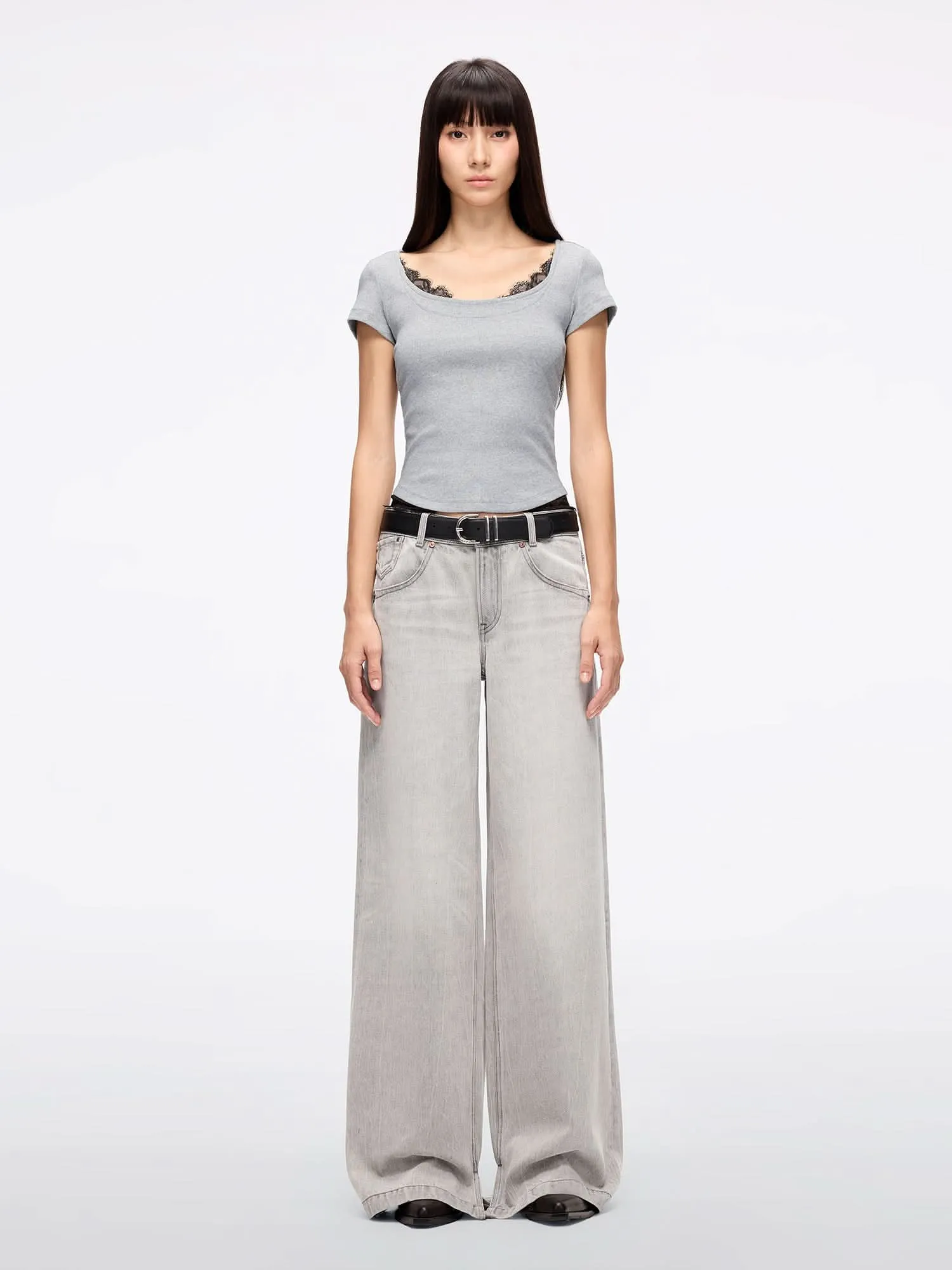 Lace Panel Cropped T-Shirt