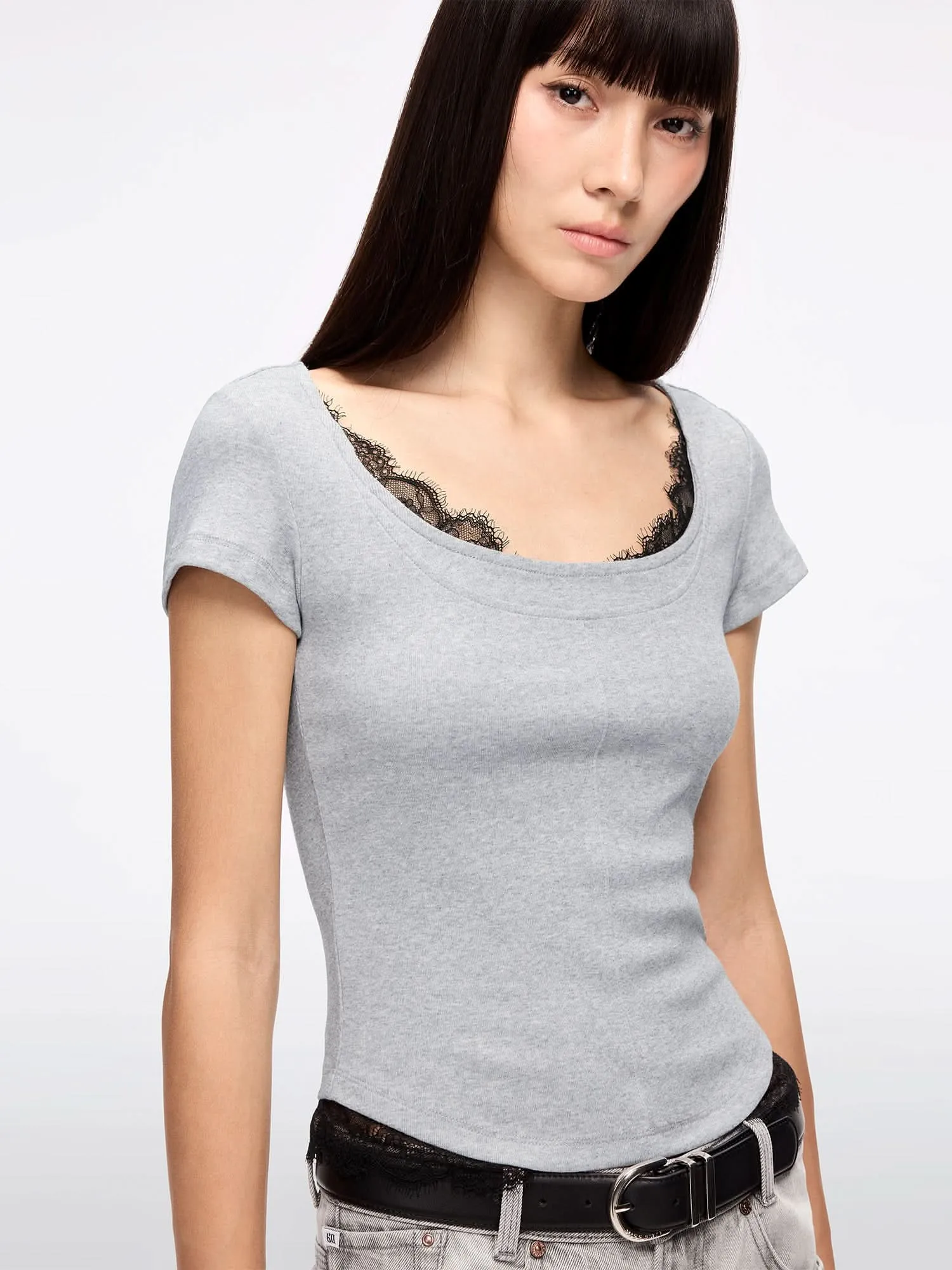 Lace Panel Cropped T-Shirt