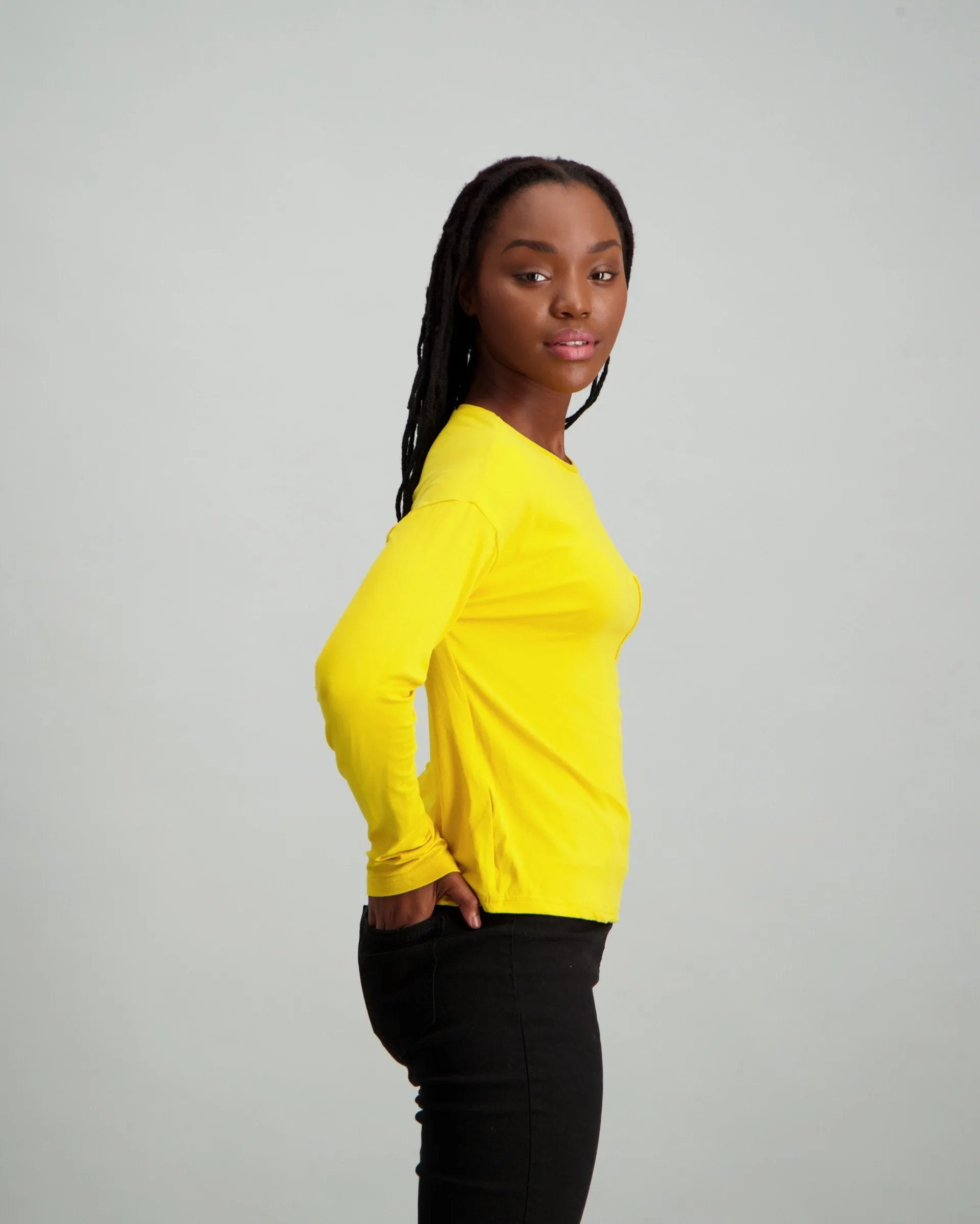 Ladies Long Sleeve Slogan Boxy T-Shirt - Mustard