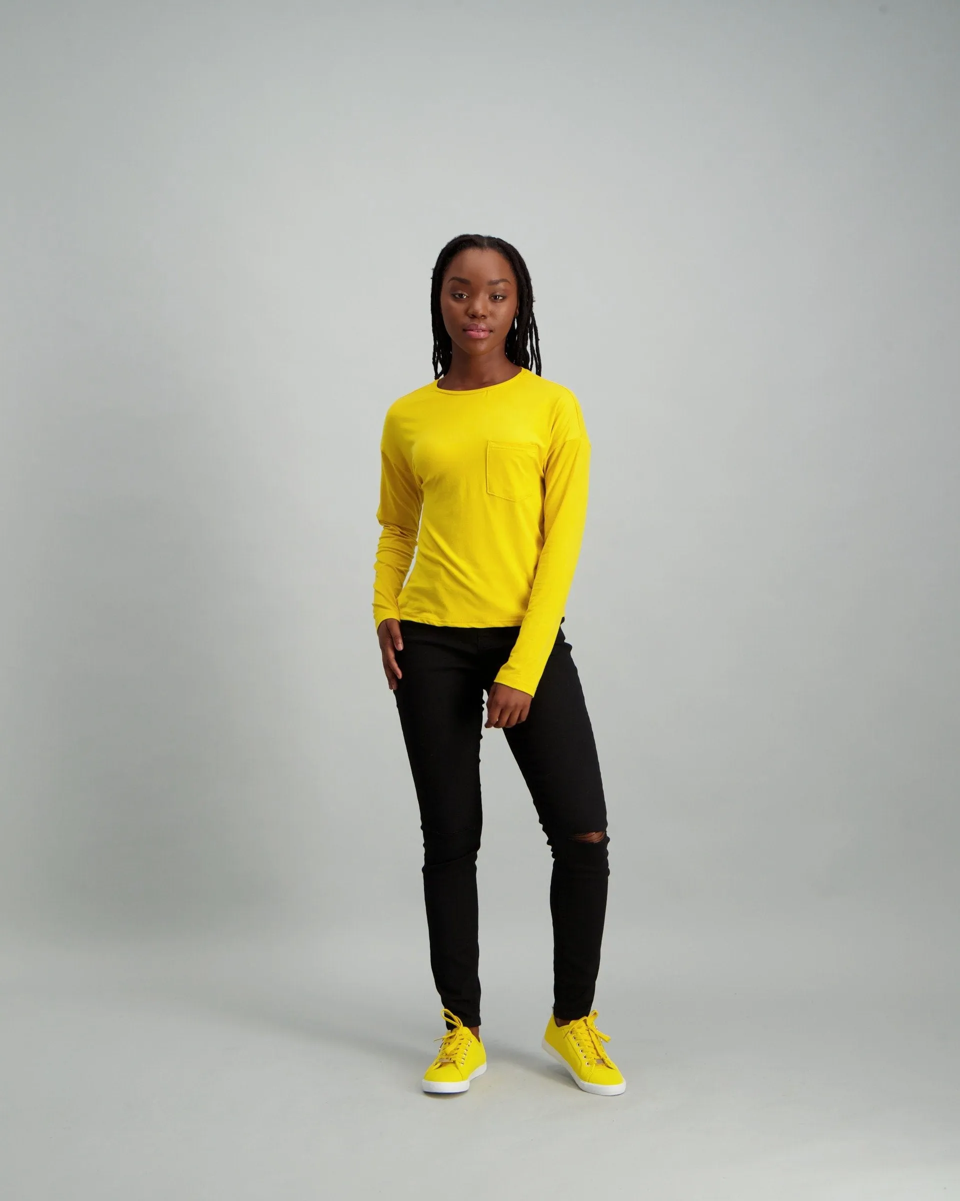 Ladies Long Sleeve Slogan Boxy T-Shirt - Mustard