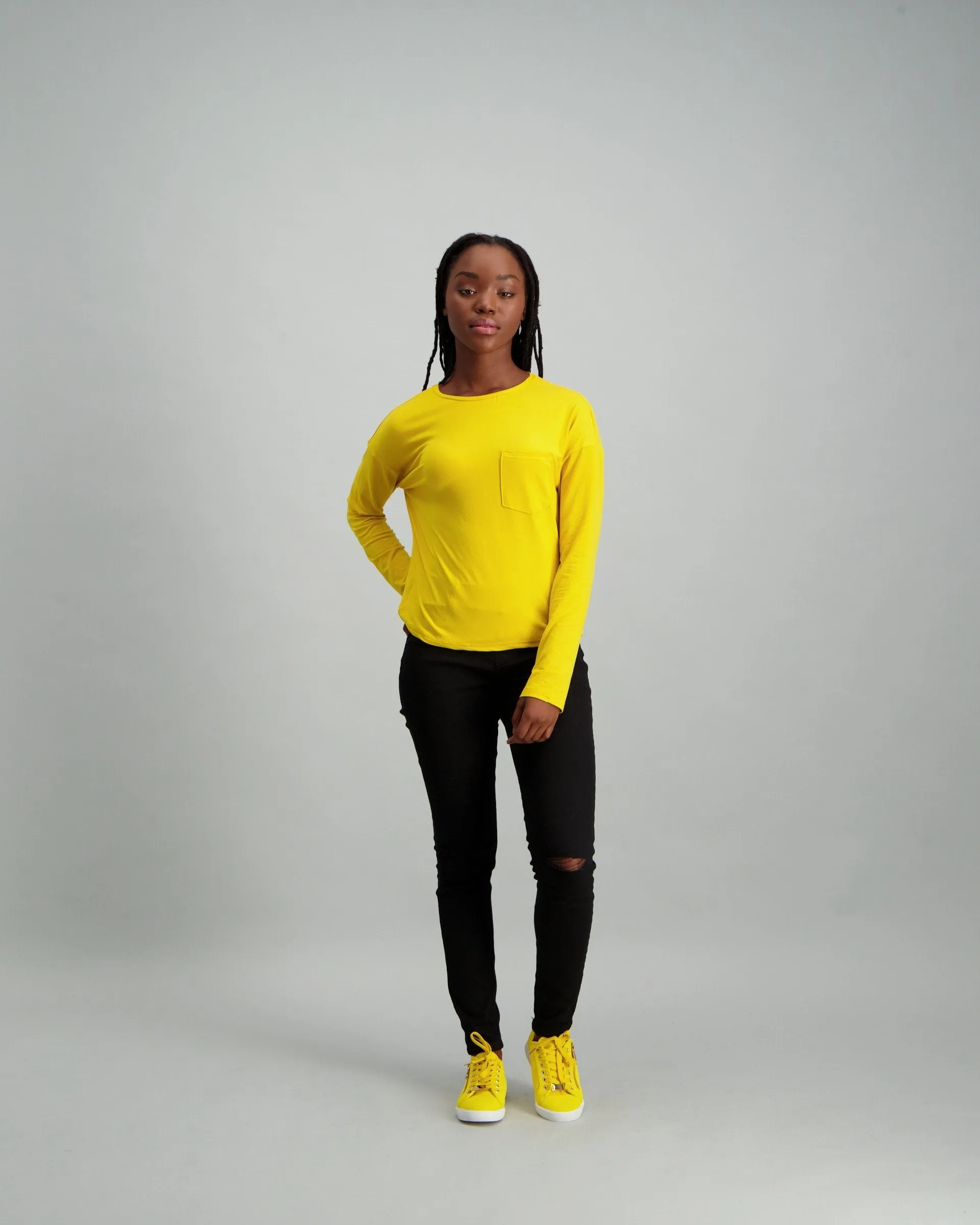 Ladies Long Sleeve Slogan Boxy T-Shirt - Mustard