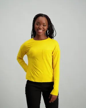 Ladies Long Sleeve Slogan Boxy T-Shirt - Mustard